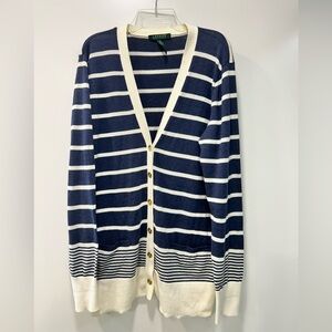 XL Navy and Cream Striped Ralph Lauren Cardigan Sweater